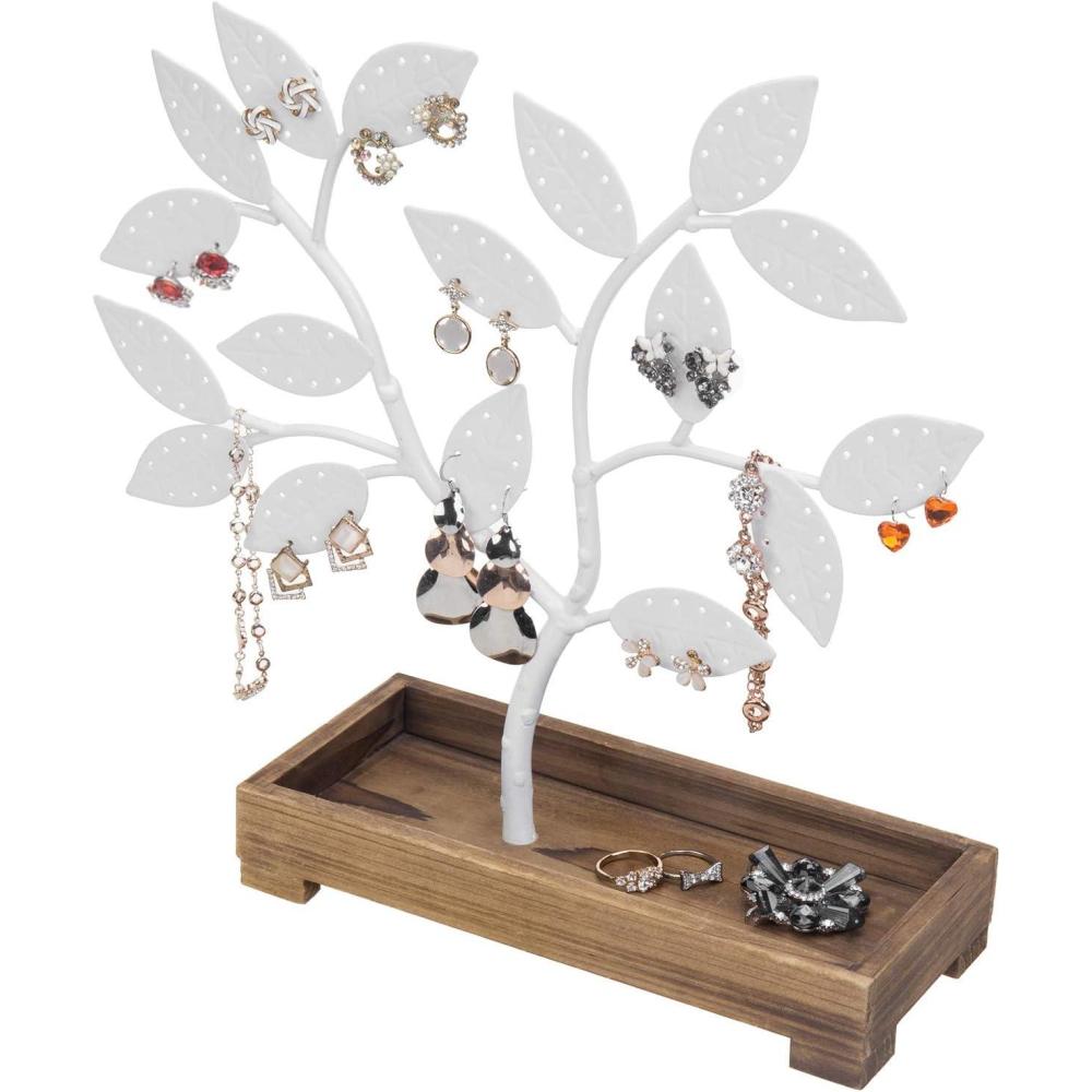 imageMyGift Earring Storage Rack Organizer Matte Black Metal Jewelry Tree Necklace and Bracelet Hanger with Wooden Ring Tray Trinket Holder Holds 68 Pairs of EarringsWhite