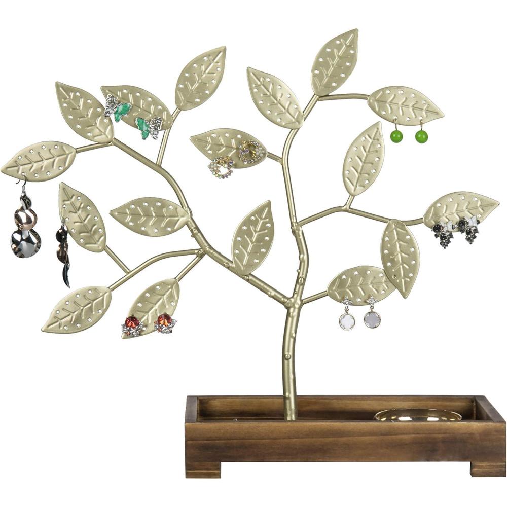 imageMyGift Earring Storage Rack Organizer Matte Black Metal Jewelry Tree Necklace and Bracelet Hanger with Wooden Ring Tray Trinket Holder Holds 68 Pairs of EarringsBrass