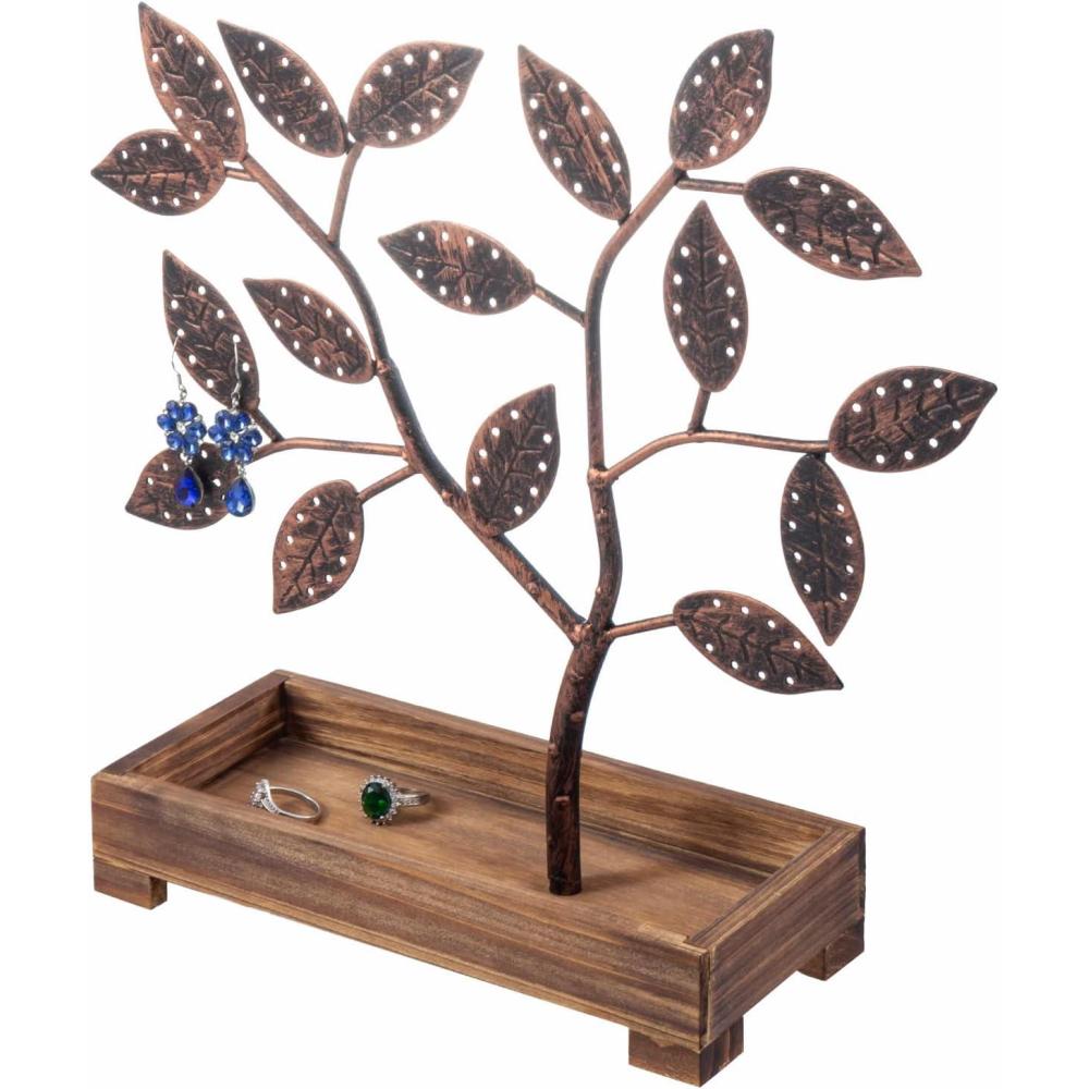 imageMyGift Earring Storage Rack Organizer Matte Black Metal Jewelry Tree Necklace and Bracelet Hanger with Wooden Ring Tray Trinket Holder Holds 68 Pairs of EarringsBronze