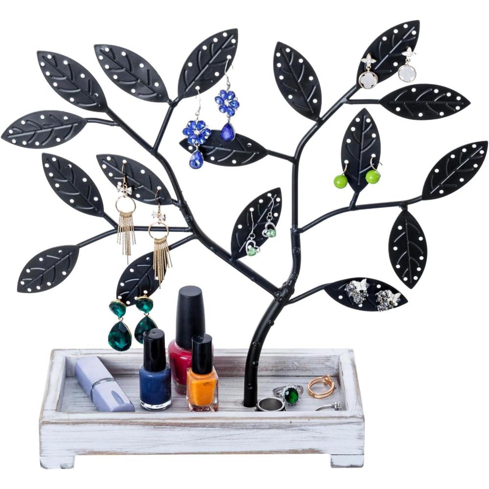 imageMyGift Earring Storage Rack Organizer Matte Black Metal Jewelry Tree Necklace and Bracelet Hanger with Wooden Ring Tray Trinket Holder Holds 68 Pairs of EarringsWhitewashed