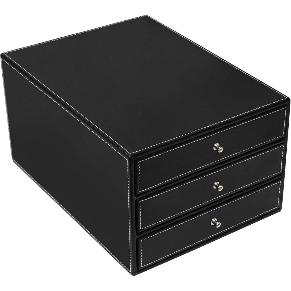 imageMyGift Executive 3Drawer Leatherette Document Holder Office Desk Filing Storage Box with Drawers Black