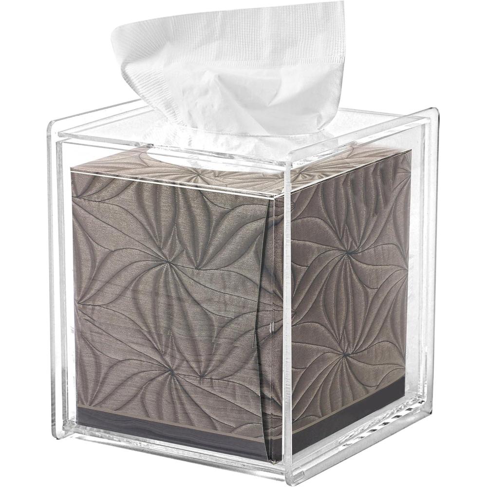 imageMyGift Facial Tissue Dispenser Box Square Clear Acrylic Napkin Cube Holder with Easy Slide Out Cover for Bathroom Office Tabletop