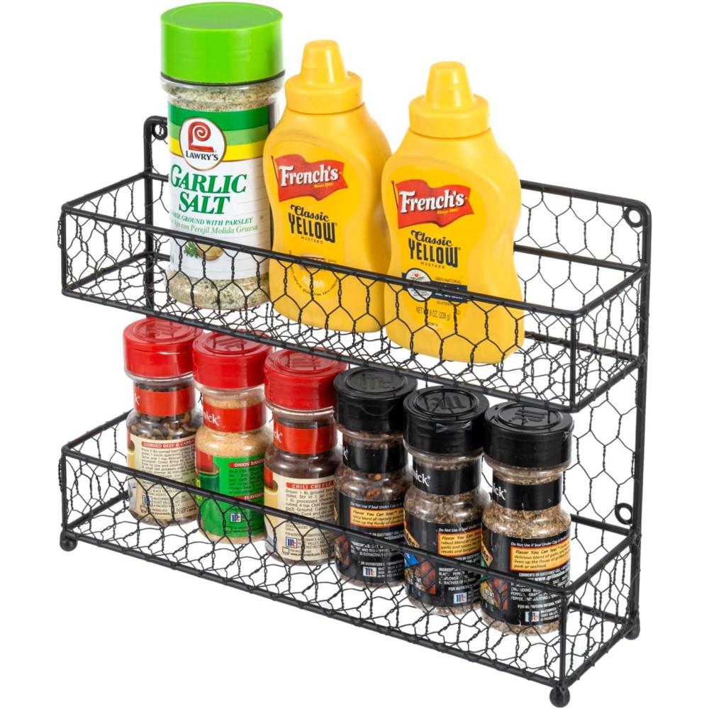 imageMyGift Farmhouse Style Metal Wire Spice Rack Wall Mount or Kitchen Countertop 2Tier Seasoning Jar Storage Organizer BlackBlack
