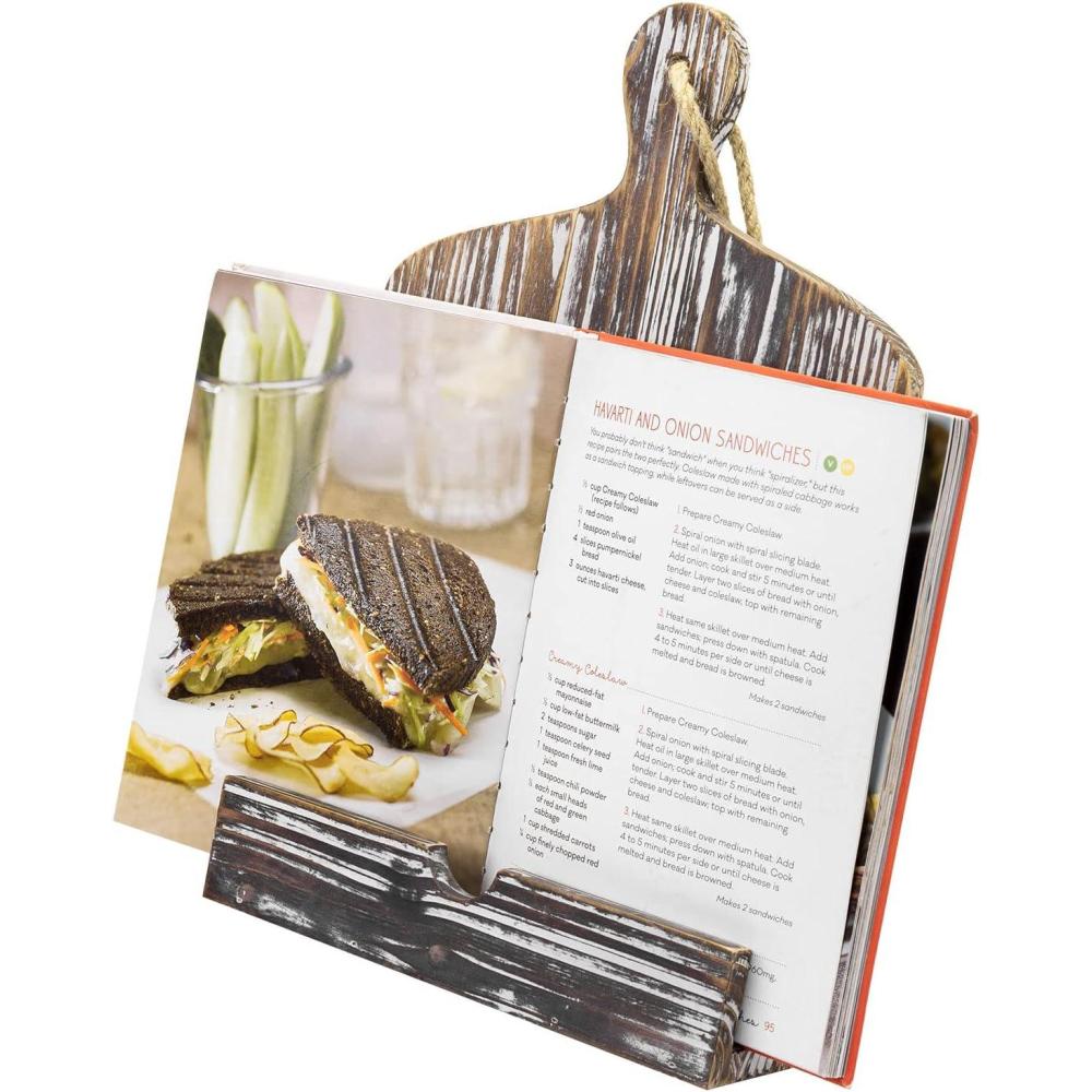 imageMyGift Farmhouse Torched Wood Cookbook Stand Rustic Wooden iPad Tablet Recipe Binder Reading Book Holder with KickstandBrown