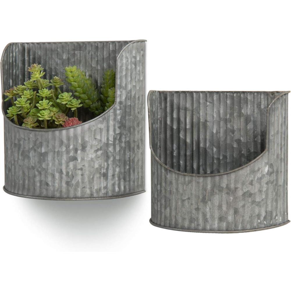 imageMyGift Galvanized Wall Planter Rustic Silver Metal Vertical Ribbed Design Wall Mount Flower Pot Set of 2
