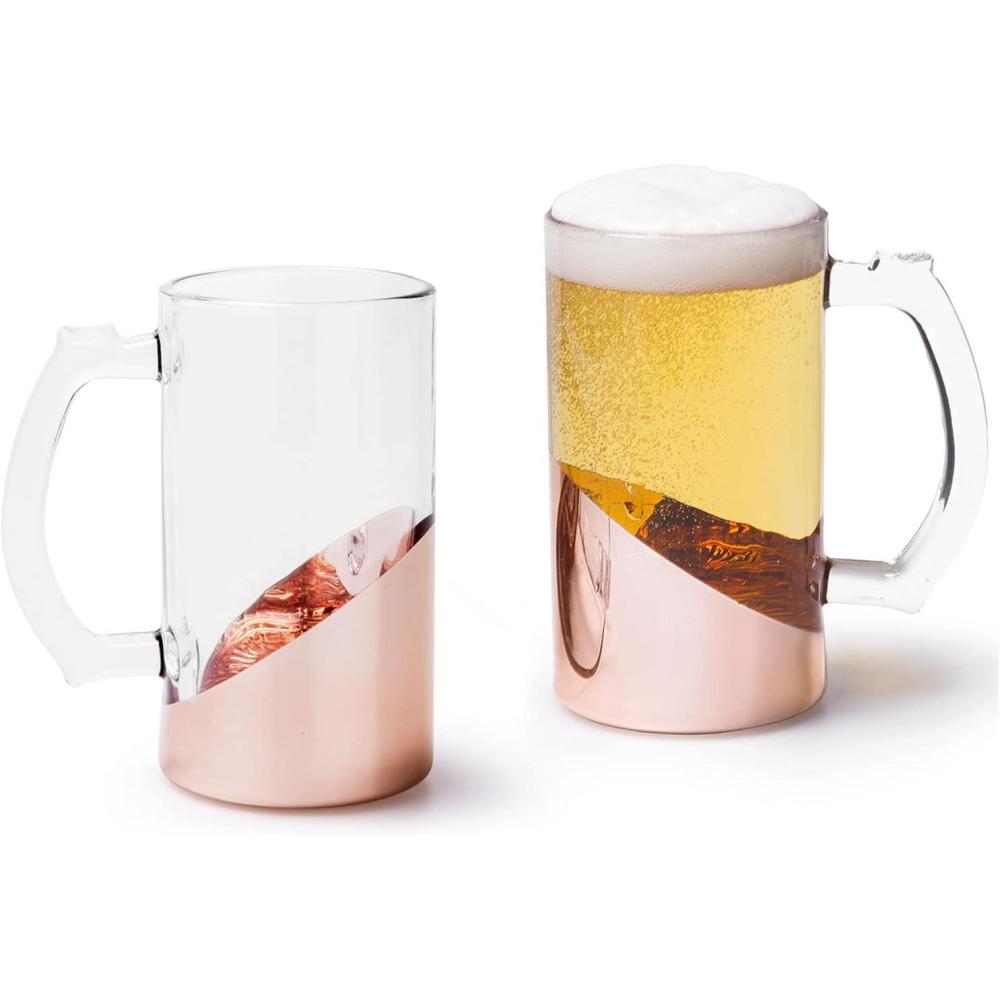 imageMyGift Glass 16 oz Beer Pint Stein Mug Glasses Modern Luxury Angled Copper Design with Handle Set of 2