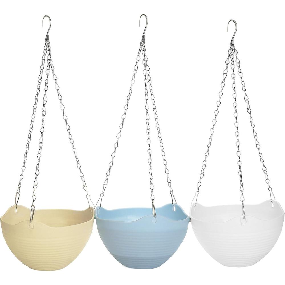 imageMyGift Hanging Planter SelfWatering Indoor Pots with Drainage Hole 3 Pack Hanging Plant Container with Metal Chain BlueYellowWhite