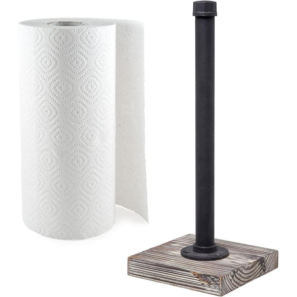 imageMyGift Industrial Brass Metal Pipe Paper Towel Holder Stand Kitchen Countertop Paper Towel Dispenser with Torched Solid Wood Base