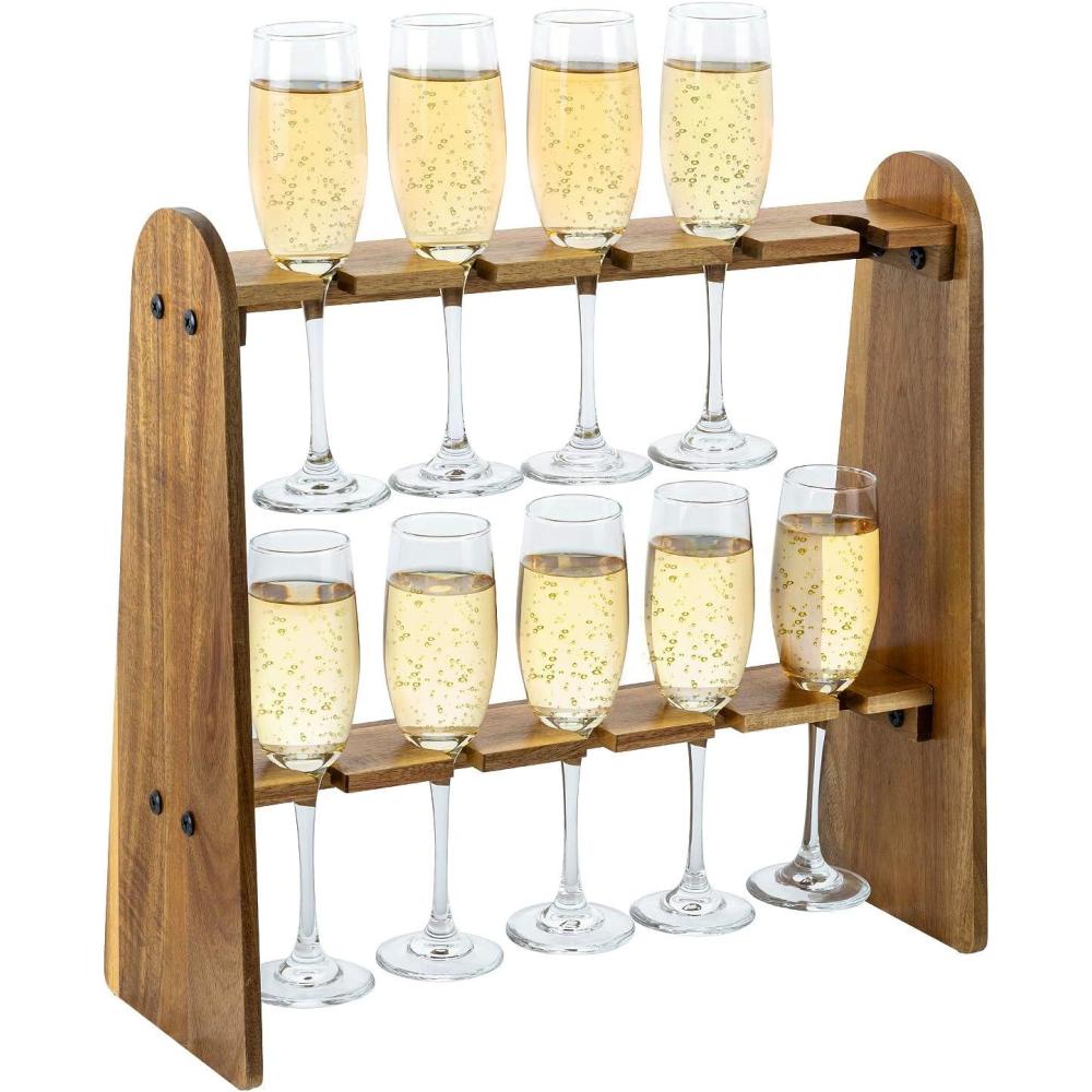imageMyGift Industrial Metal Wine Glass Rack Holder Stand with 2 Hanger Bars and Rustic Wooden Base Countertop Hanging Stemware Holder ClearAcacia Wood