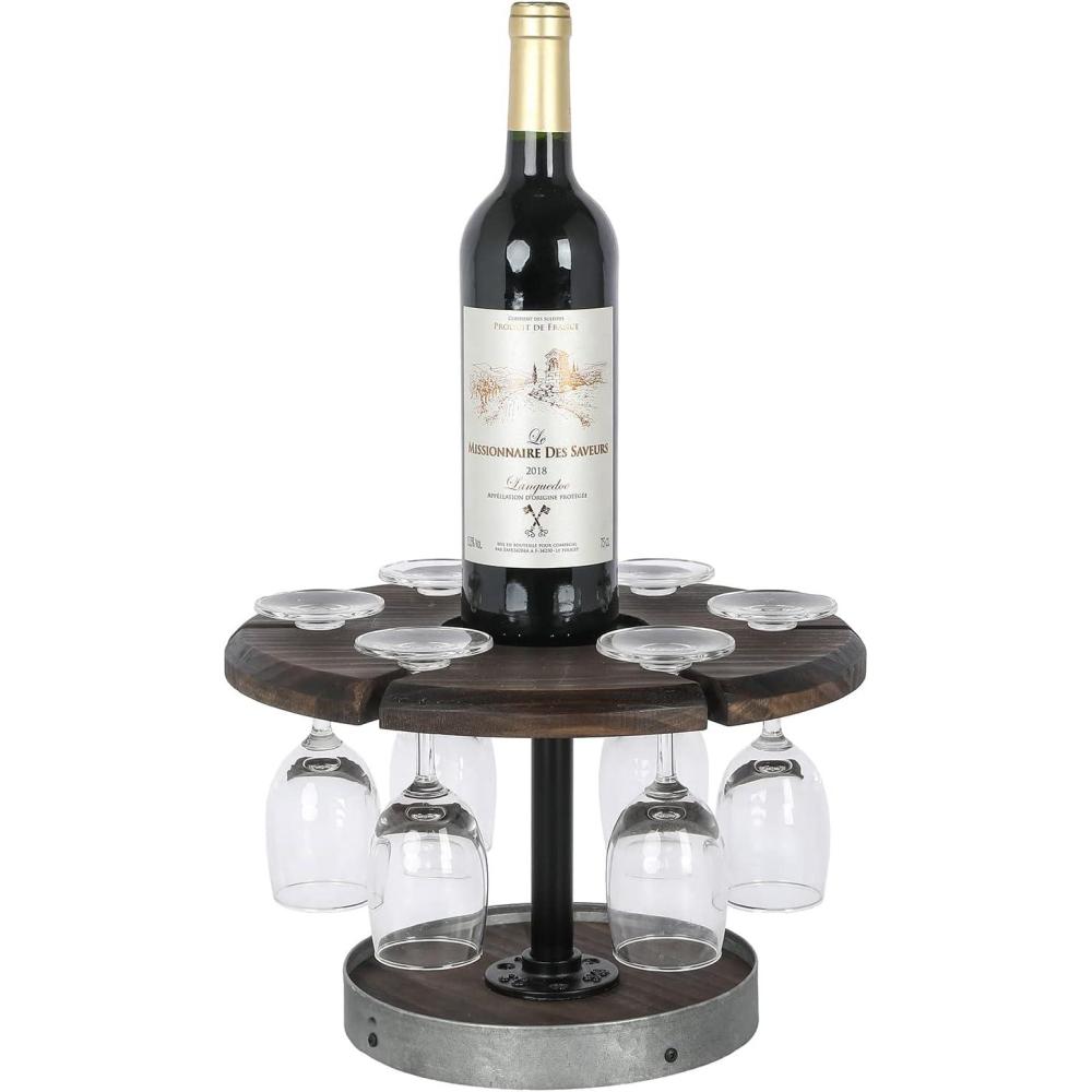 imageMyGift Industrial Metal Wine Glass Rack Holder Stand with 2 Hanger Bars and Rustic Wooden Base Countertop Hanging Stemware Holder ClearBurnt Wood