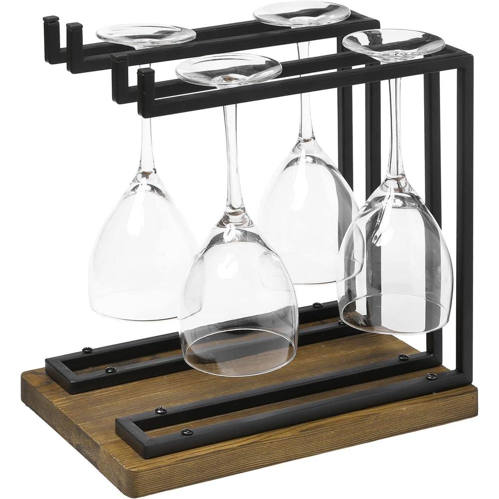 imageMyGift Industrial Metal Wine Glass Rack Holder Stand with 2 Hanger Bars and Rustic Wooden Base Countertop Hanging Stemware Holder ClearDark Brown