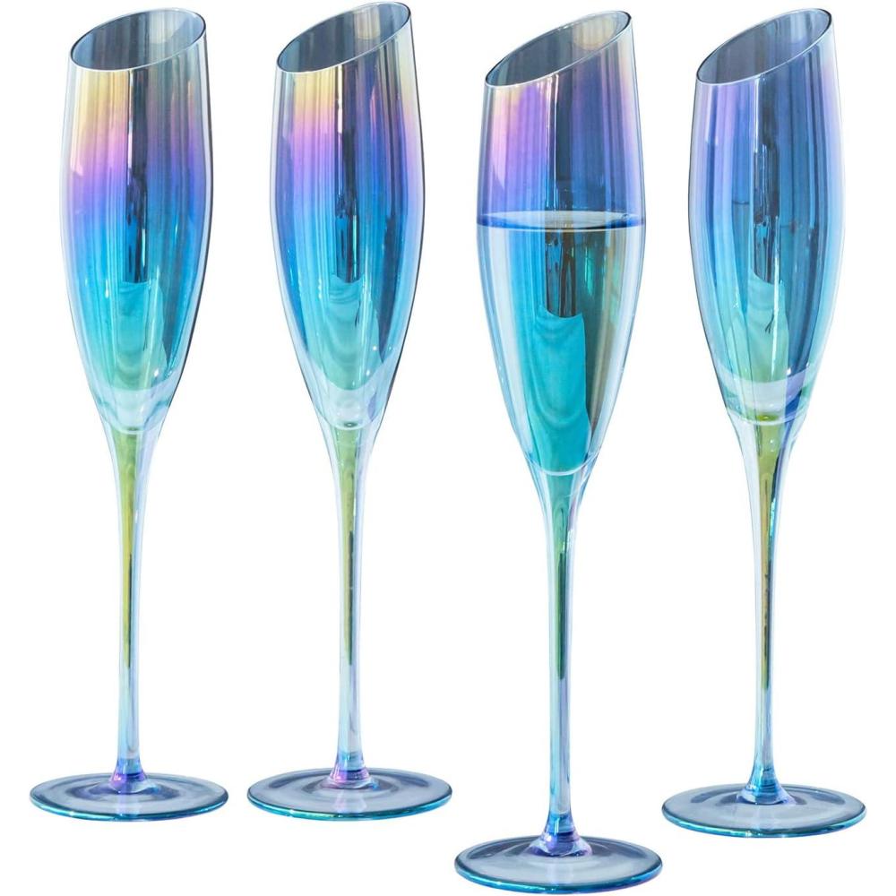 imageMyGift Iridescent Angled Rim Champagne Flute Set of 4 Sparkling Wine Stemless Glasses Rainbow Transparent Prosecco Wine Glass Cocktail Mimosa Glass Set Holiday New Year Toasting blackBlue