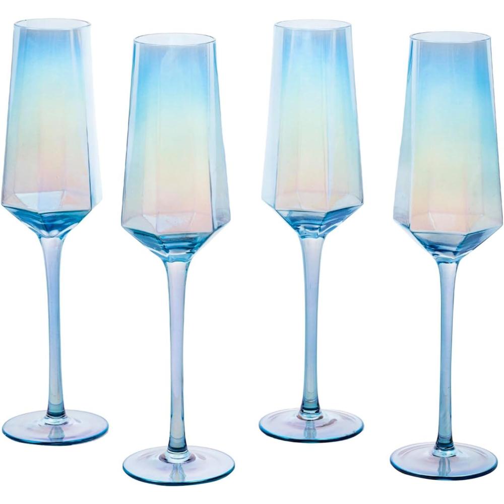 imageMyGift Iridescent Angled Rim Champagne Flute Set of 4 Sparkling Wine Stemless Glasses Rainbow Transparent Prosecco Wine Glass Cocktail Mimosa Glass Set Holiday New Year Toasting blackIridescent