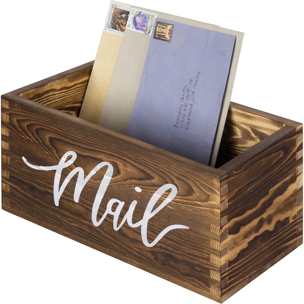 imageMyGift Mail Holder Storage Organizer Box Whitewashed Wood with MAIL Script Design Desktop Letters Bills Notes and Postcard Bin for Home Office Dorm RoomRustic Brown