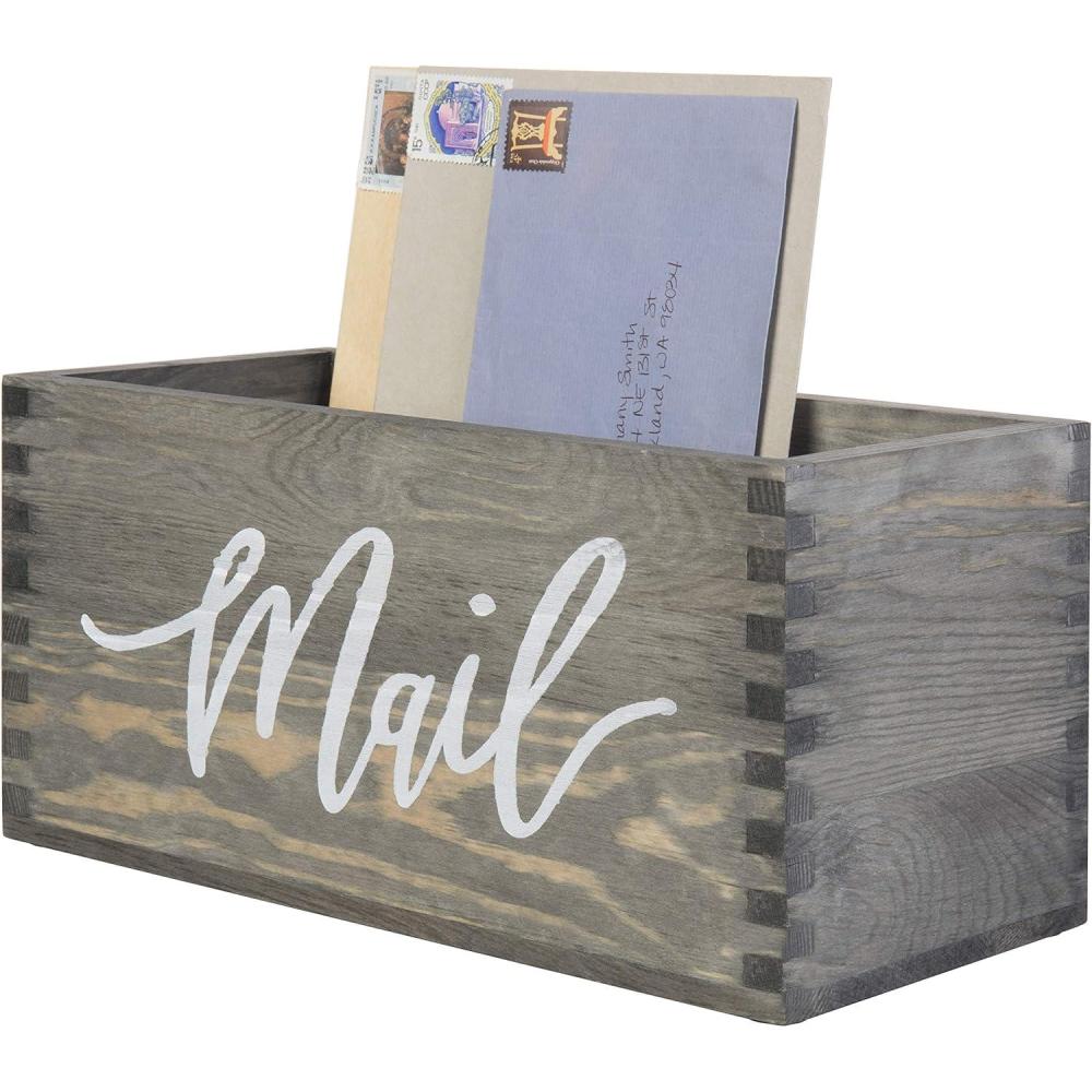 imageMyGift Mail Holder Storage Organizer Box Whitewashed Wood with MAIL Script Design Desktop Letters Bills Notes and Postcard Bin for Home Office Dorm RoomVintage Gray
