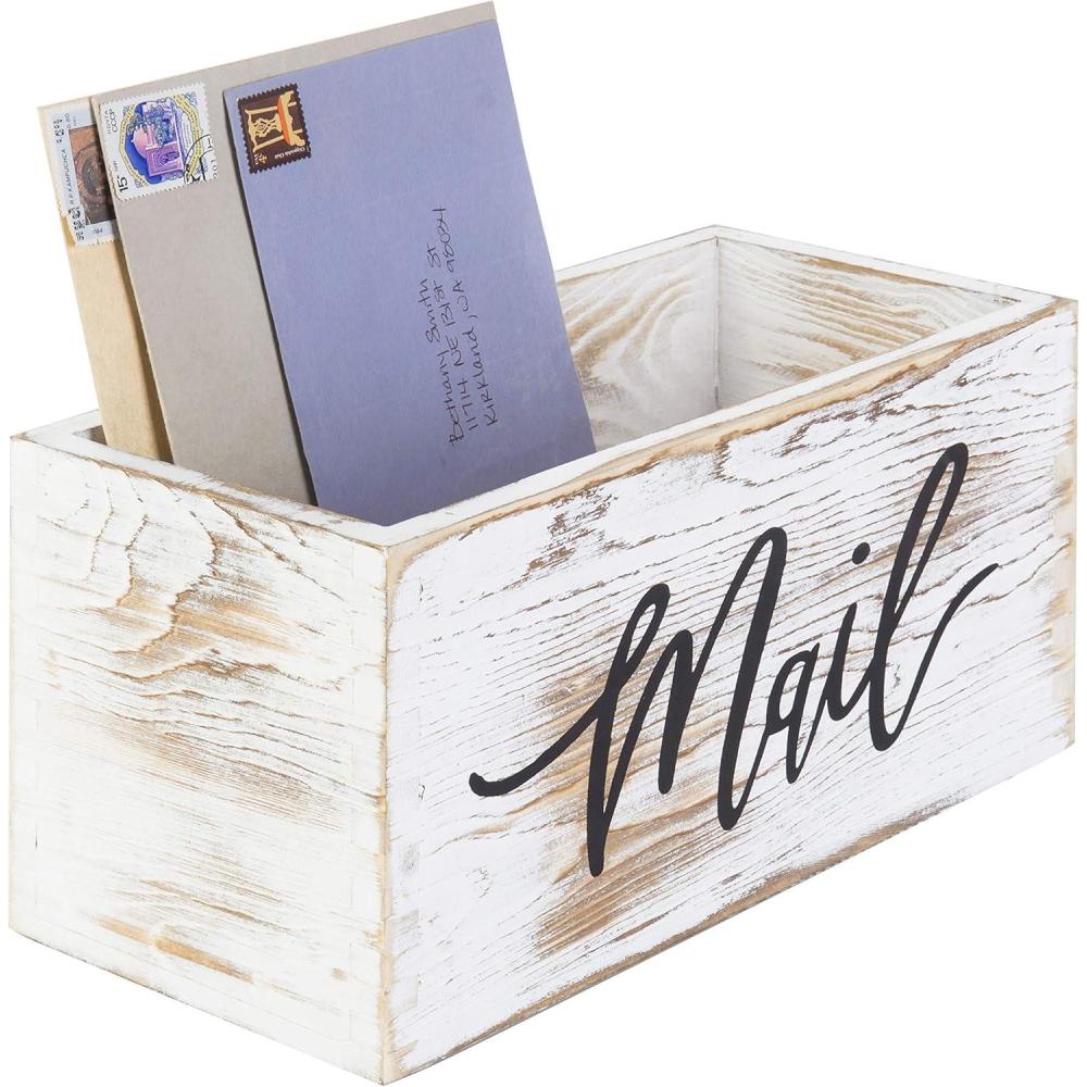 imageMyGift Mail Holder Storage Organizer Box Whitewashed Wood with MAIL Script Design Desktop Letters Bills Notes and Postcard Bin for Home Office Dorm RoomWhitewashed