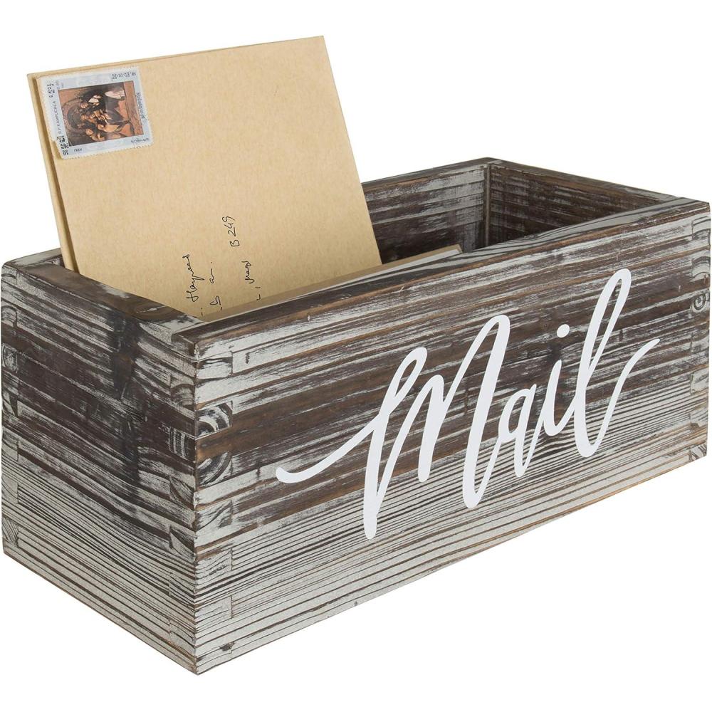 imageMyGift Mail Holder Storage Organizer Box Whitewashed Wood with MAIL Script Design Desktop Letters Bills Notes and Postcard Bin for Home Office Dorm RoomTorched Brown