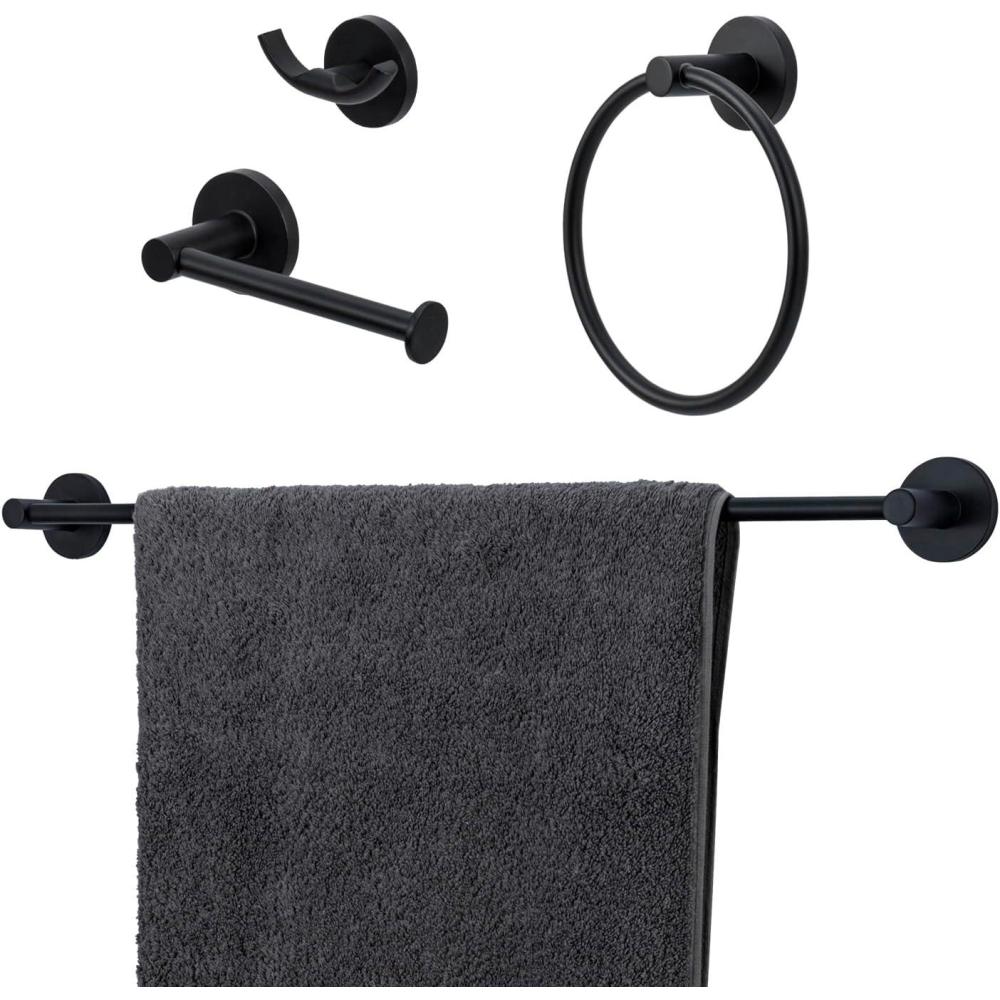 imageMyGift Matte Black Bathroom Hardware Set 4 Piece Ultra Modern Premium Hotel Series Stainless Steel Wall Mounted 25 Inch Bath Towel Bar Hand Towel Ring Toilet Paper Holder and Robe Hook