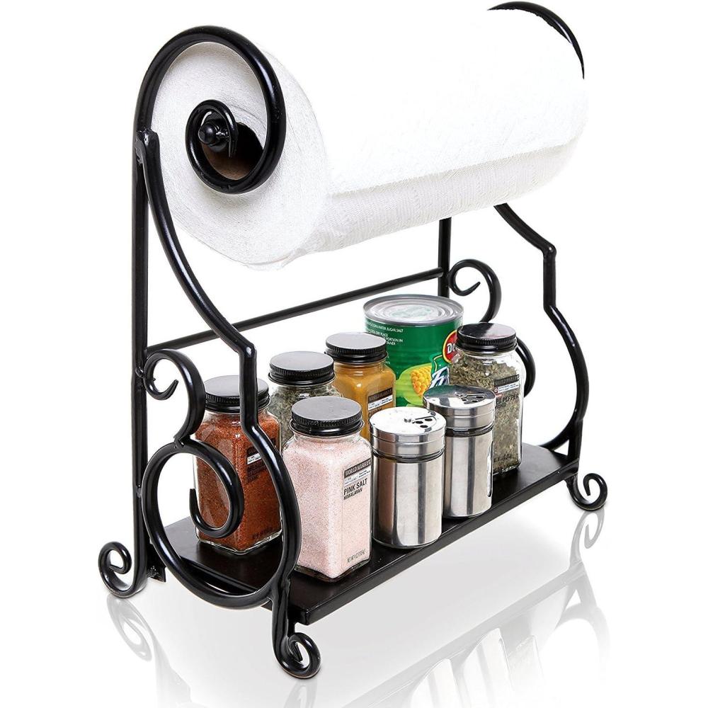 imageMyGift Metal Paper Towel Holder Stand with Shelf Black Metal Freestanding Countertop Organizer for Kitchen Scrollwork Design Horizontal Storage for Spices Napkins and CondimentsBlack