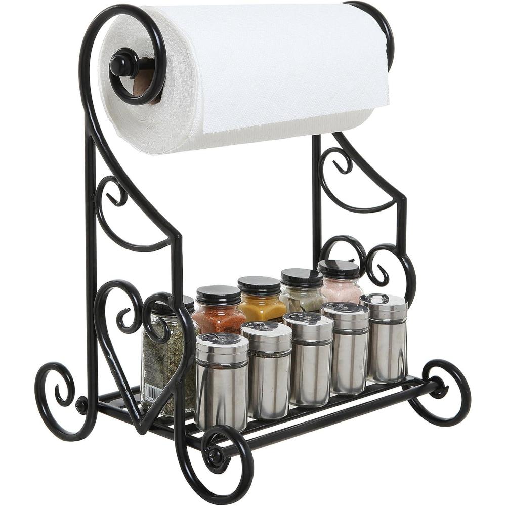 imageMyGift Metal Paper Towel Holder Stand with Shelf Black Metal Freestanding Countertop Organizer for Kitchen Scrollwork Design Horizontal Storage for Spices Napkins and CondimentsBlack Slatted Base