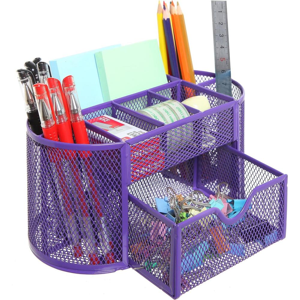 imageMyGift Metal Wire Mesh Desktop Supplies Organizer Caddy with 8 Compartments and Storage Drawer for Home Office School Dorm PurplePurple