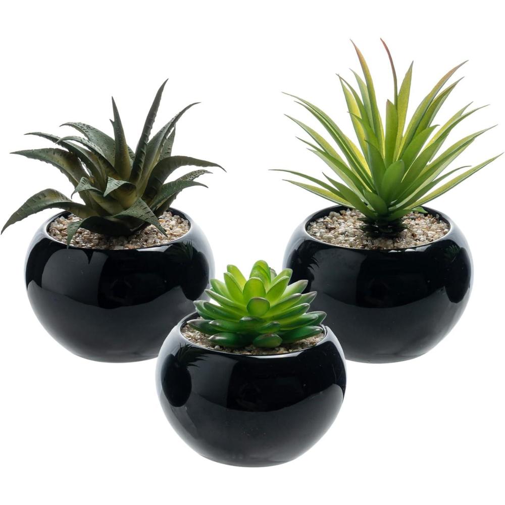 imageMyGift Mini Assorted Artificial Succulents in Round Black Ceramic Pots Mixed Realistic Indoor House Plants Set of 3Black