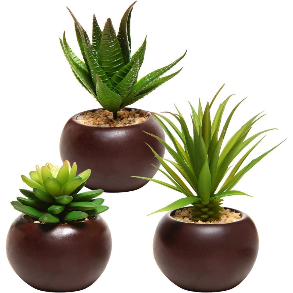 imageMyGift Mini Assorted Artificial Succulents in Round Black Ceramic Pots Mixed Realistic Indoor House Plants Set of 3Brown