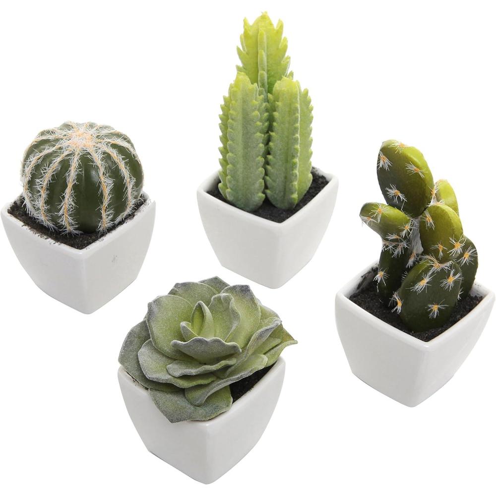 imageMyGift Miniature Artificial Succulents Indoor Fake House Plants in Round White Geometric Ceramic Pots Set of 4Assortment 1