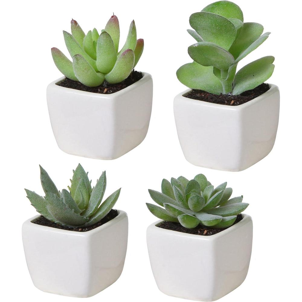 imageMyGift Miniature Artificial Succulents Indoor Fake House Plants in Round White Geometric Ceramic Pots Set of 4Assortment 3