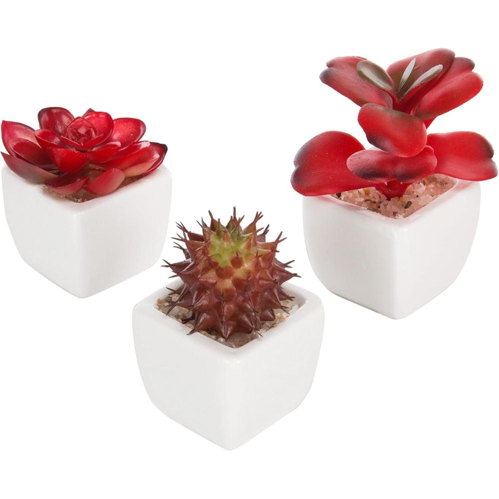 imageMyGift Miniature Artificial Succulents Indoor Fake House Plants in Round White Geometric Ceramic Pots Set of 4Red Set of 3