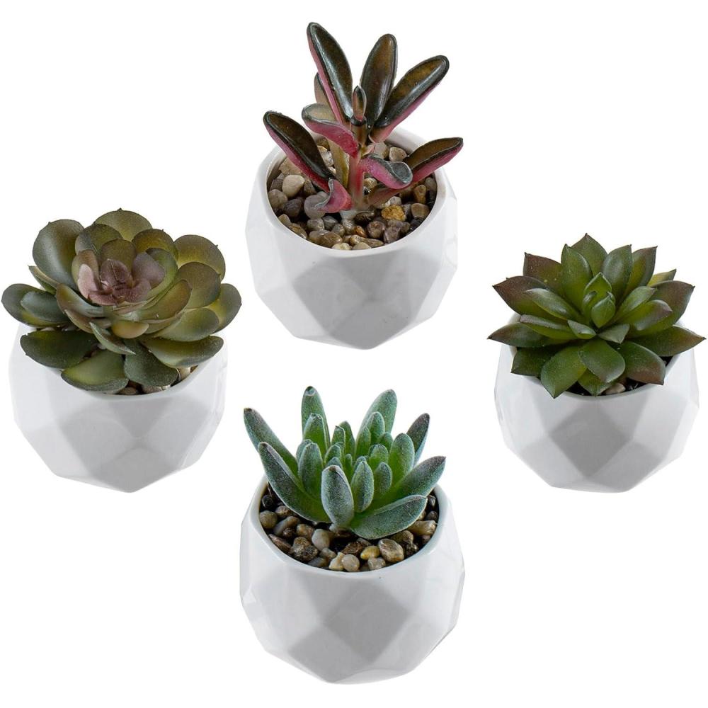 imageMyGift Miniature Artificial Succulents Indoor Fake House Plants in Round White Geometric Ceramic Pots Set of 4White Set of 4