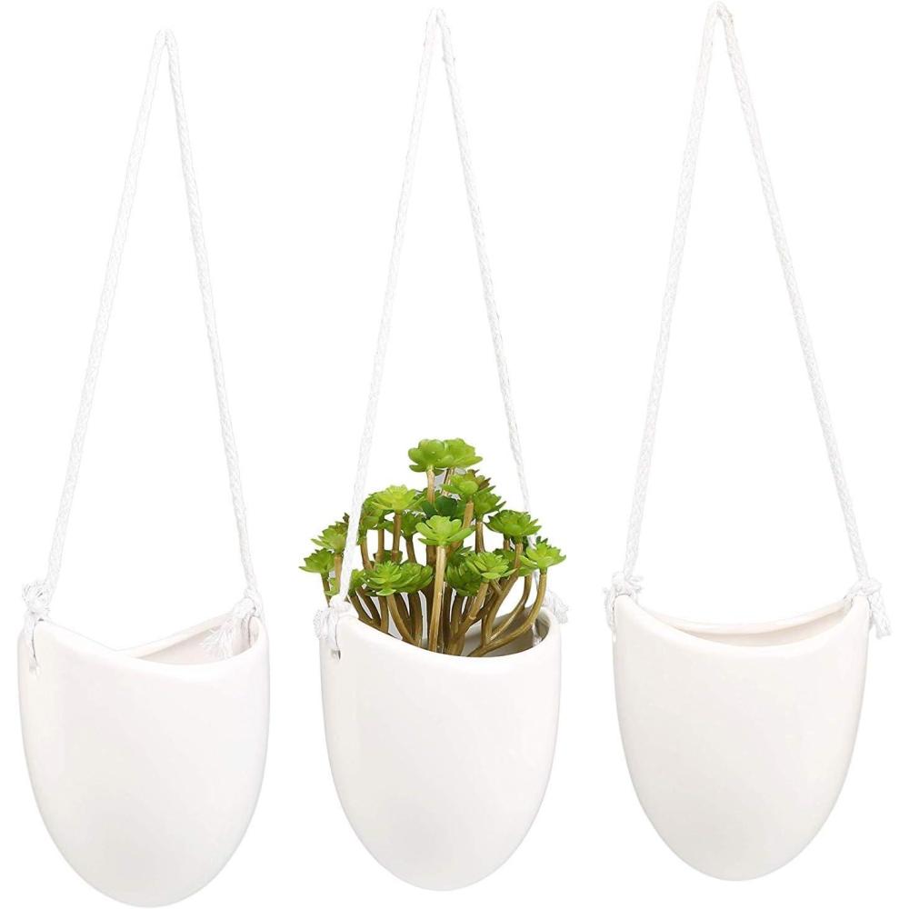 imageMyGift Modern Ceramic White Hanging Planters for Indoor Plants Succulent Planter Pots with Jute Rope Set of 3