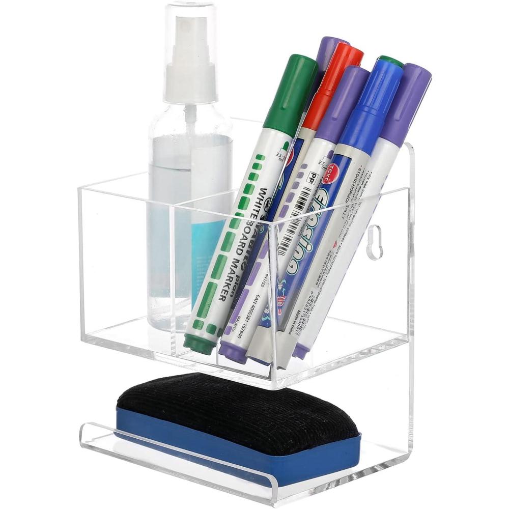 imageMyGift Modern Clear Premium Acrylic Dry Erase Marker Holder Rack with 3 Compartments for Markers Pens Eraser and Spray Bottle Office Supplies and Accessories Organizer