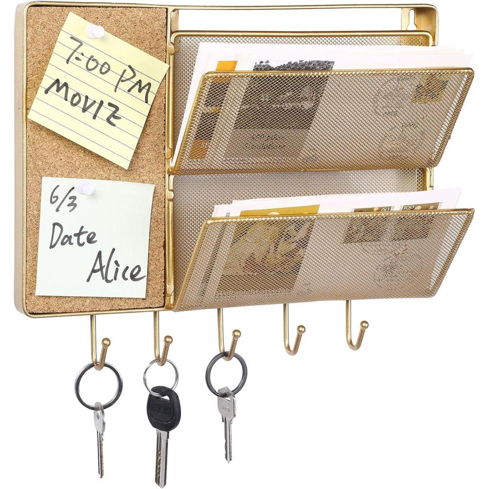 imageMyGift Modern Gold Metal Mesh Entryway Wall Organizer Command Center Cork Board Rack Includes 5 Key Hooks and 2 Mail Sorter Slots
