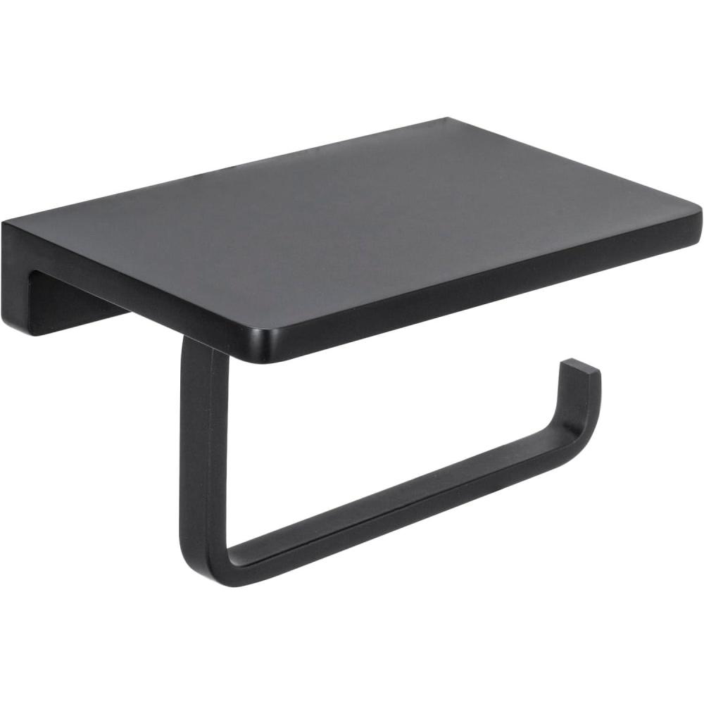 imageMyGift Modern Hotel Series Toilet Paper Roll Holder in Matte Black Stainless Steel Finish Minimalist Commercial Grade Toilet Tissue Dispenser with Storage Display Top Shelf