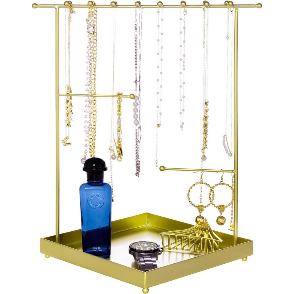 imageMyGift Modern Jewelry Organizer 3 Tier Black Metal Tabletop Bracelet and Necklace Jewelry Storage Display Tree Rack with Base Ring TrayBrass