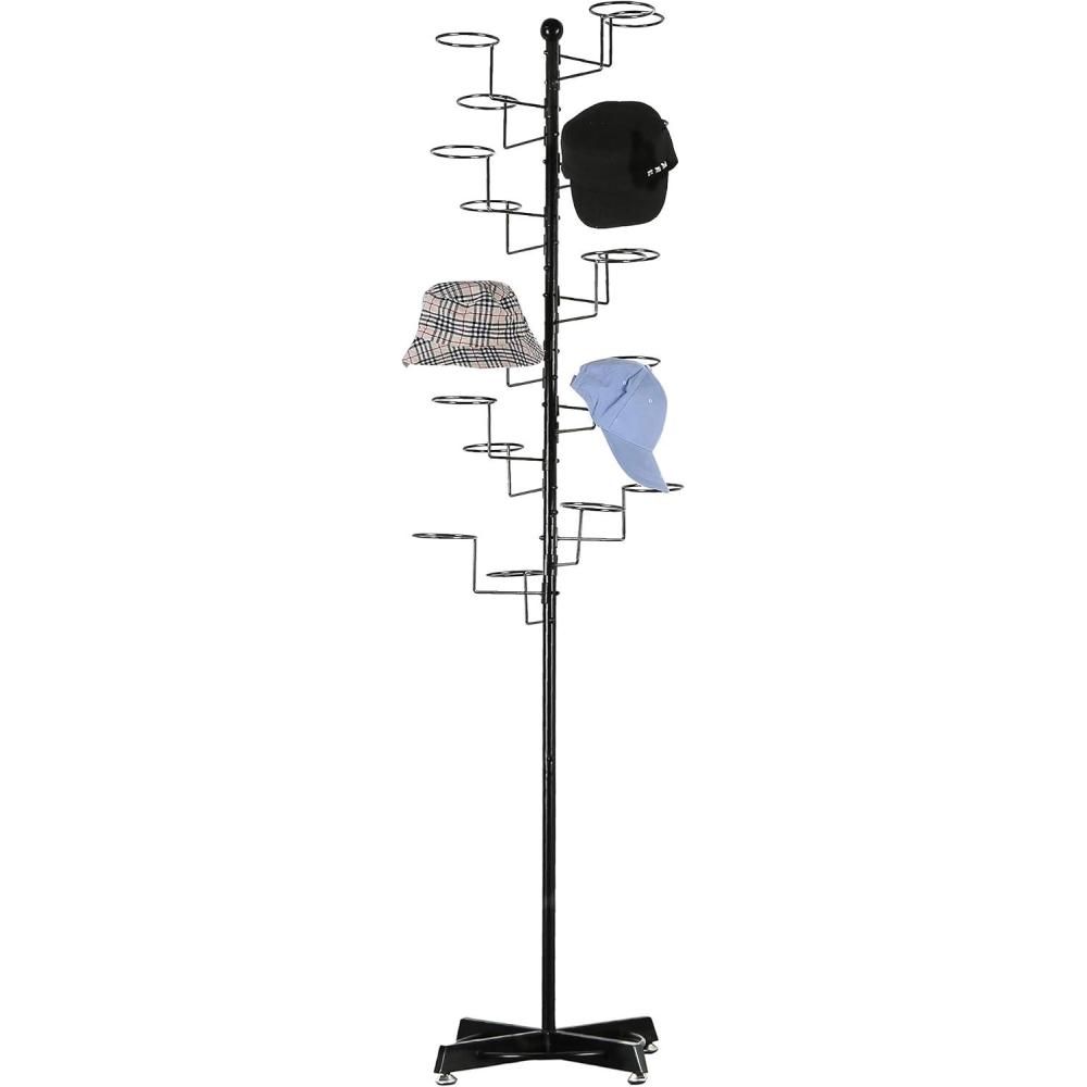 imageMyGift Modern Large Commercial Freestanding Hat Rack Display for Retail Store Black Metal Wig Storage or Hat Stand for Multiple Hats and Baseball Caps with 20 Customizable Circular HooksBlack