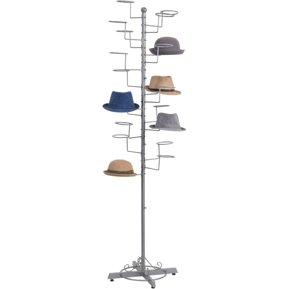 imageMyGift Modern Large Commercial Freestanding Hat Rack Display for Retail Store Black Metal Wig Storage or Hat Stand for Multiple Hats and Baseball Caps with 20 Customizable Circular HooksSilver