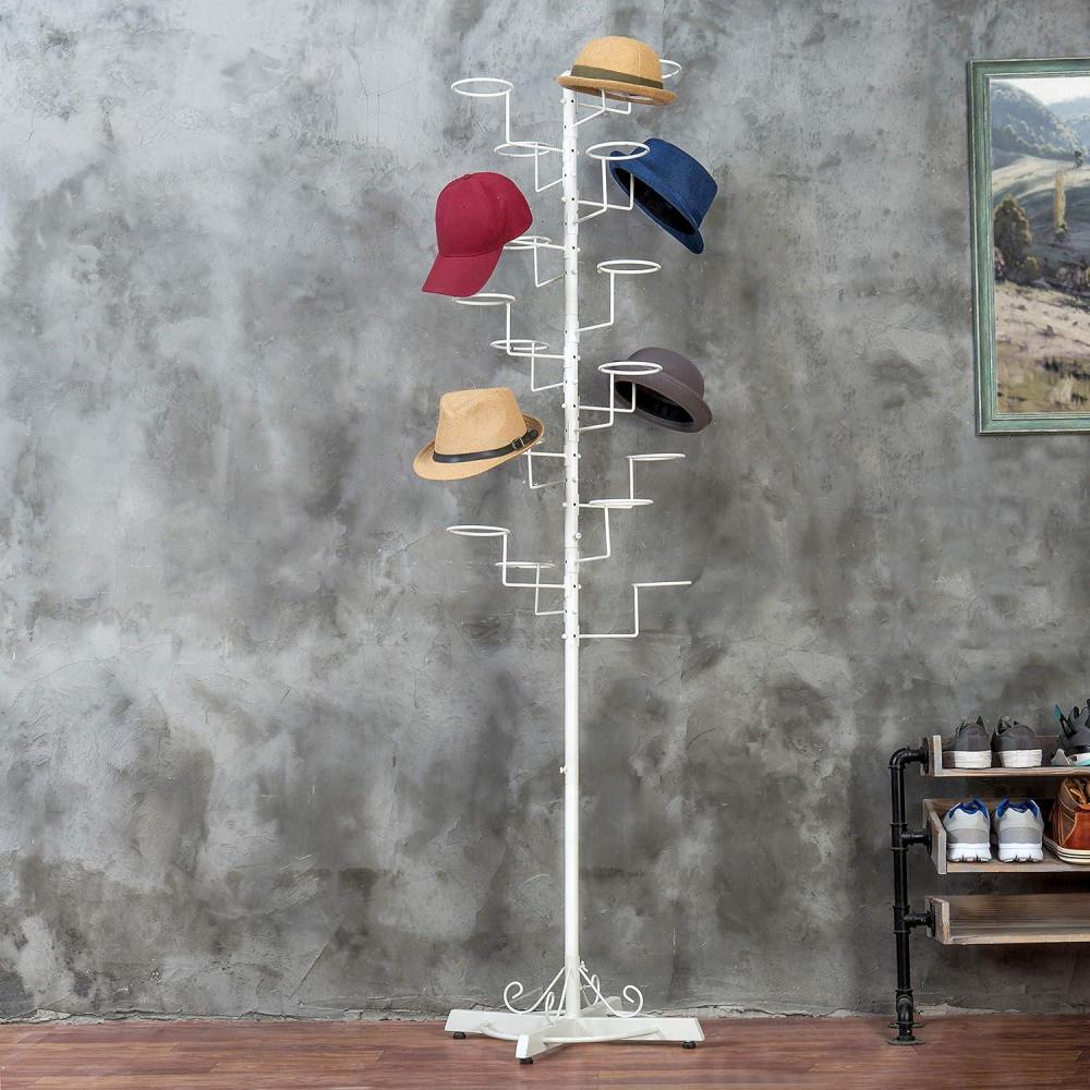 imageMyGift Modern Large Commercial Freestanding Hat Rack Display for Retail Store Black Metal Wig Storage or Hat Stand for Multiple Hats and Baseball Caps with 20 Customizable Circular HooksWhite