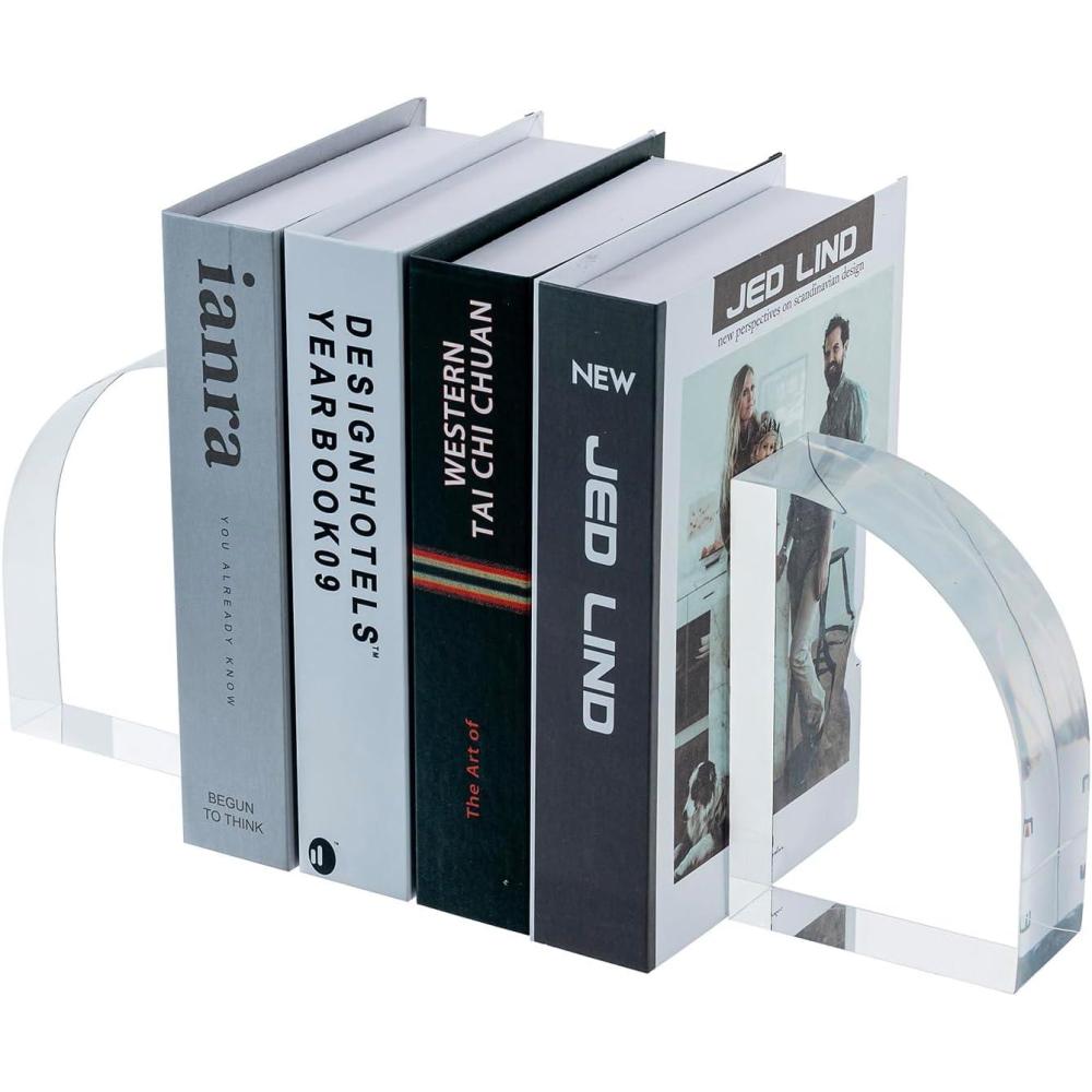 imageMyGift Modern Luxury Hotel Style Premium Clear Acrylic Bookends in Arc Quadrant Shape Decorative Heavy Duty Book End Holder for Office Desk or Bookshelf Stopper 1 Pair