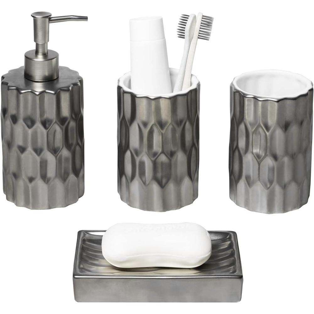 imageMyGift Modern Metallic Silver Ceramic Bathroom Accessory Set with Embossed Design Soap Dish Tumbler Cup Toothbrush Holders and Pump Dispenser
