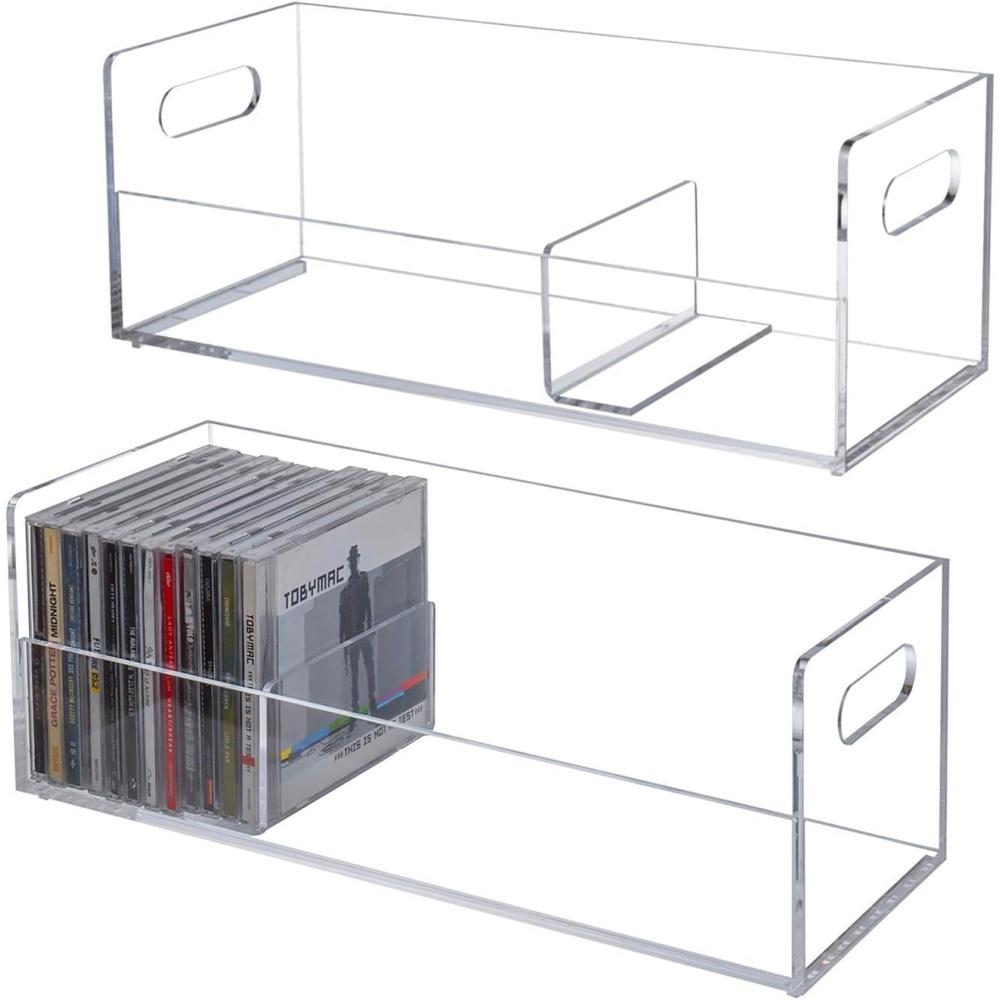 imageMyGift Modern Premium Clear Acrylic Stackable CD Holder Racks with Cutout Carrying Handles Compact Disc Jewel Case Display Crates Media Storage Organizers Set of 2Clear