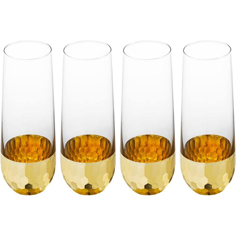 imageMyGift Modern Stemless Champagne Flute Glass Set of 4 Party Drinkware Cocktails Prosecco Mimosa Glasses with Hammered Brass Plated BottomsBrass