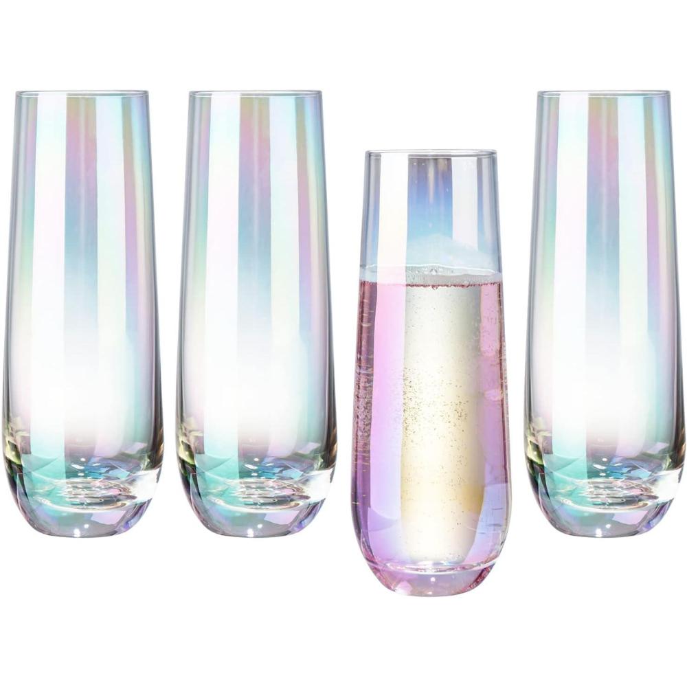 imageMyGift Modern Stemless Champagne Flute Glass Set of 4 Party Drinkware Cocktails Prosecco Mimosa Glasses with Hammered Brass Plated BottomsIridescent