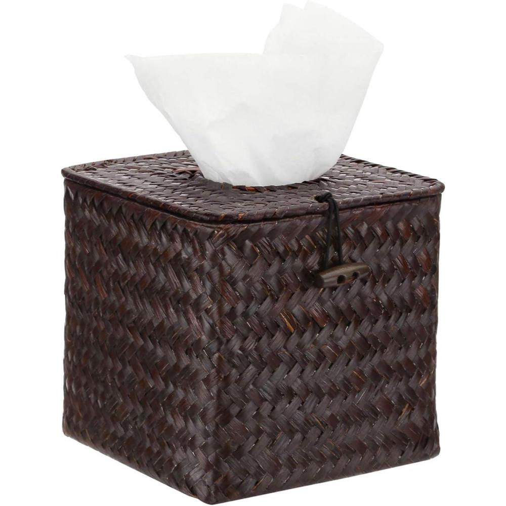 imageMyGift Natural Brown Seagrass Tissue Box Holder Cover Square Decorative Refillable Facial Tissue and Napkin Dispenser with Hinged Top Lid