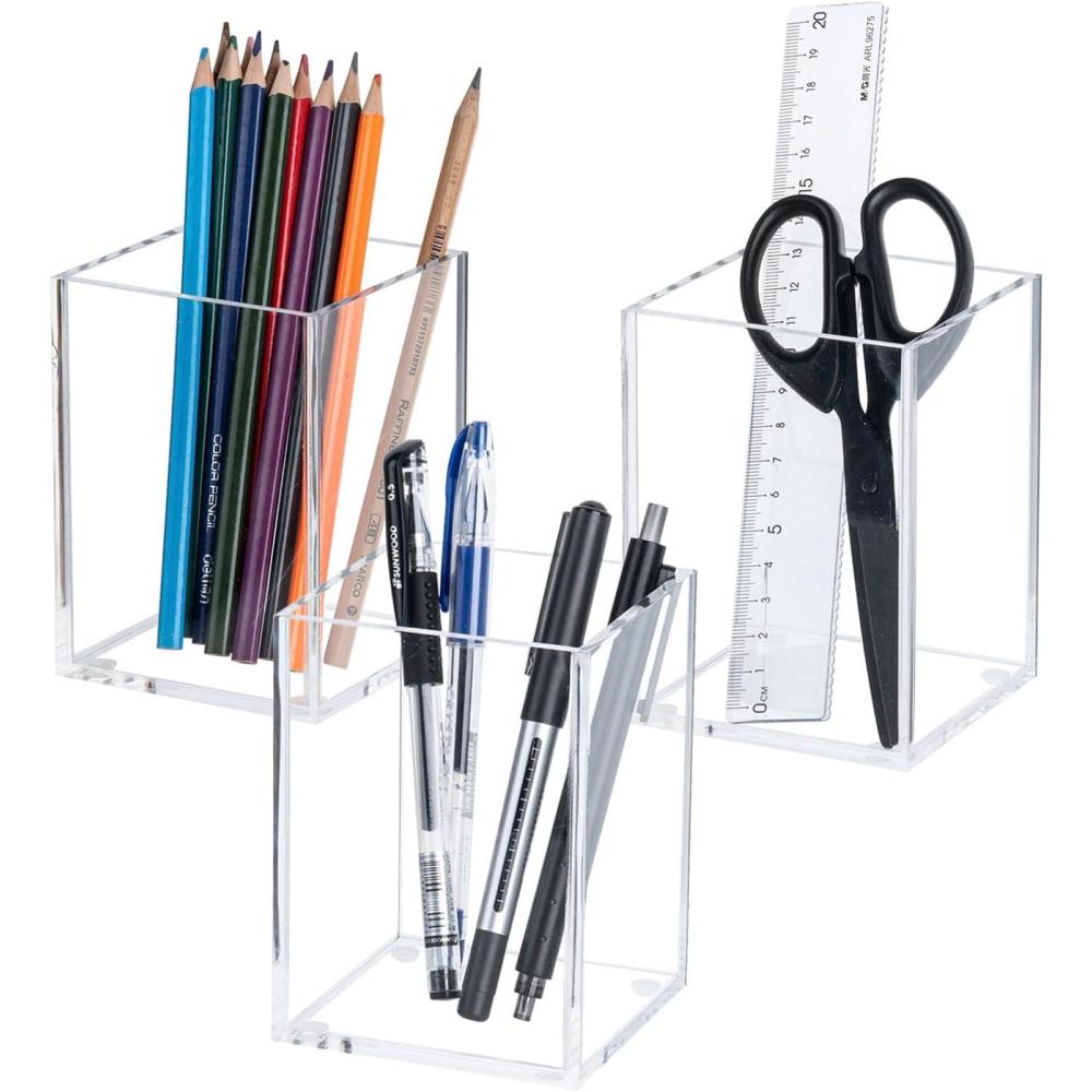 imageMyGift Pen Holder Pencil Holder For DeskPen Cup Holder For DeskConcrete Desktop Pencil CupModern GrayToneSet of 3Clear