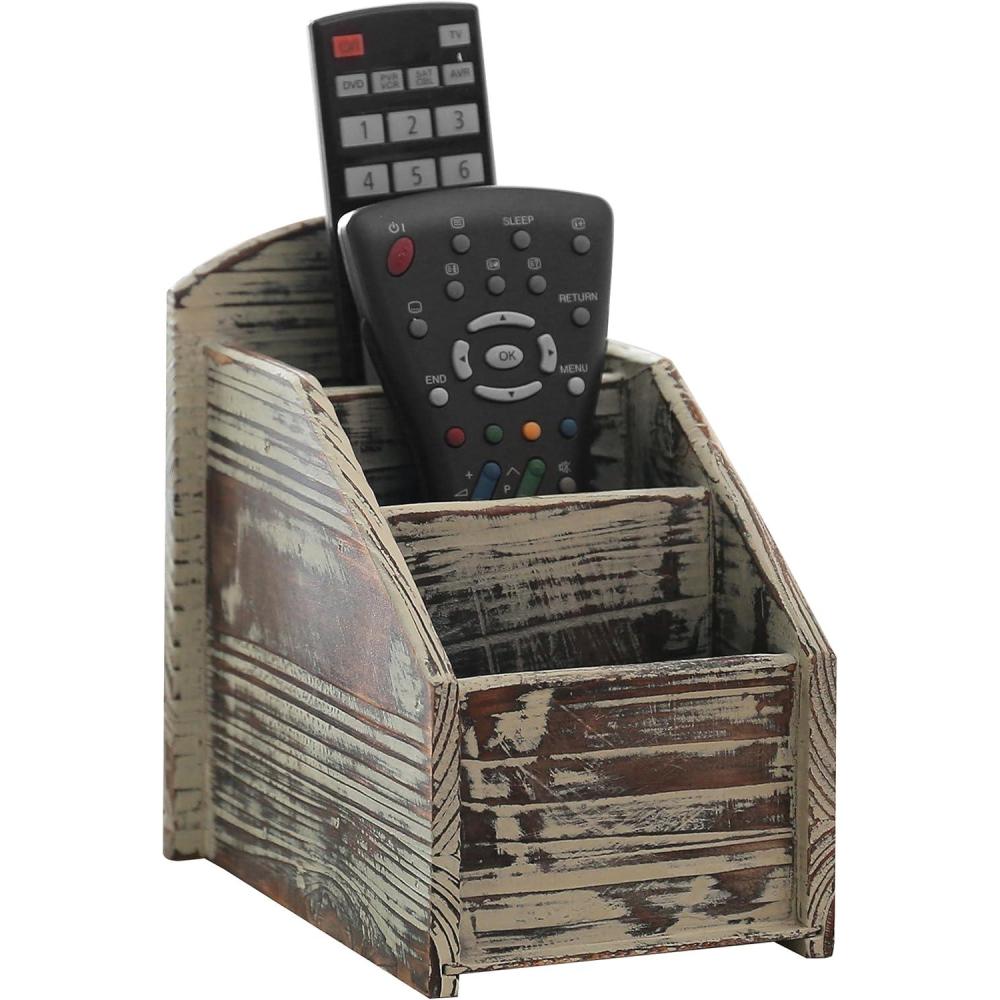 imageMyGift Remote Control HolderTV Remote HolderWhitewashed Wood Remote Caddy for TableRemote Control Organizer Caddy with 3 Compartments TV Remote Media Remote Storage Box for Living RoomTorched Wood