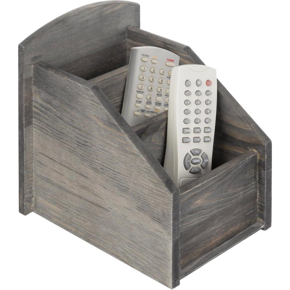 imageMyGift Remote Control HolderTV Remote HolderWhitewashed Wood Remote Caddy for TableRemote Control Organizer Caddy with 3 Compartments TV Remote Media Remote Storage Box for Living RoomDark Gray