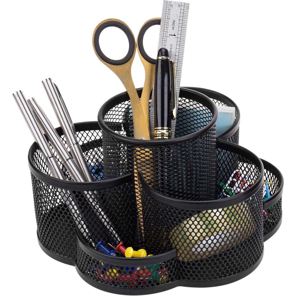 imageMyGift Rotating Black Metal Mesh Desktop Office Supplies Caddy with 7 Compartment for Pens Pencils Scissors and Accessories Black