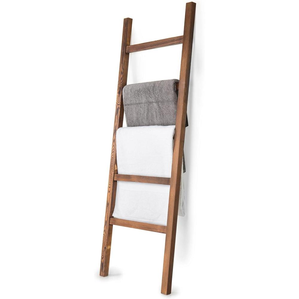imageMyGift Rustic Brown Wood 4 ft Leaning Towel Ladder Rack for Bathroom Storage with 5 Hanging Rungs Farmhouse Style Blanket and Quilt Display LadderBrown